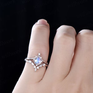 2pcs pear moonstone ring gold vintage moonstone engagement ring set white gold June birthstone ring cluster moissanite ring bridal set gift image 5