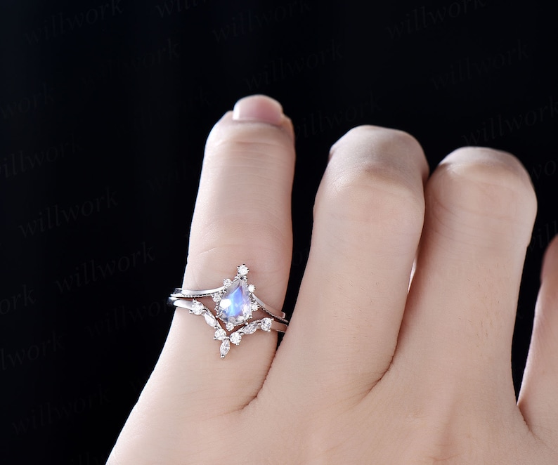 2pcs pear moonstone ring gold vintage moonstone engagement ring set white gold June birthstone ring cluster moissanite ring bridal set gift image 5
