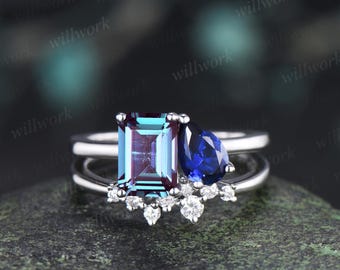 Toi et moi emerald cut alexandrite pear sapphire engagement ring solid 14k white gold Personalized snowdrift bridal wedding ring set women