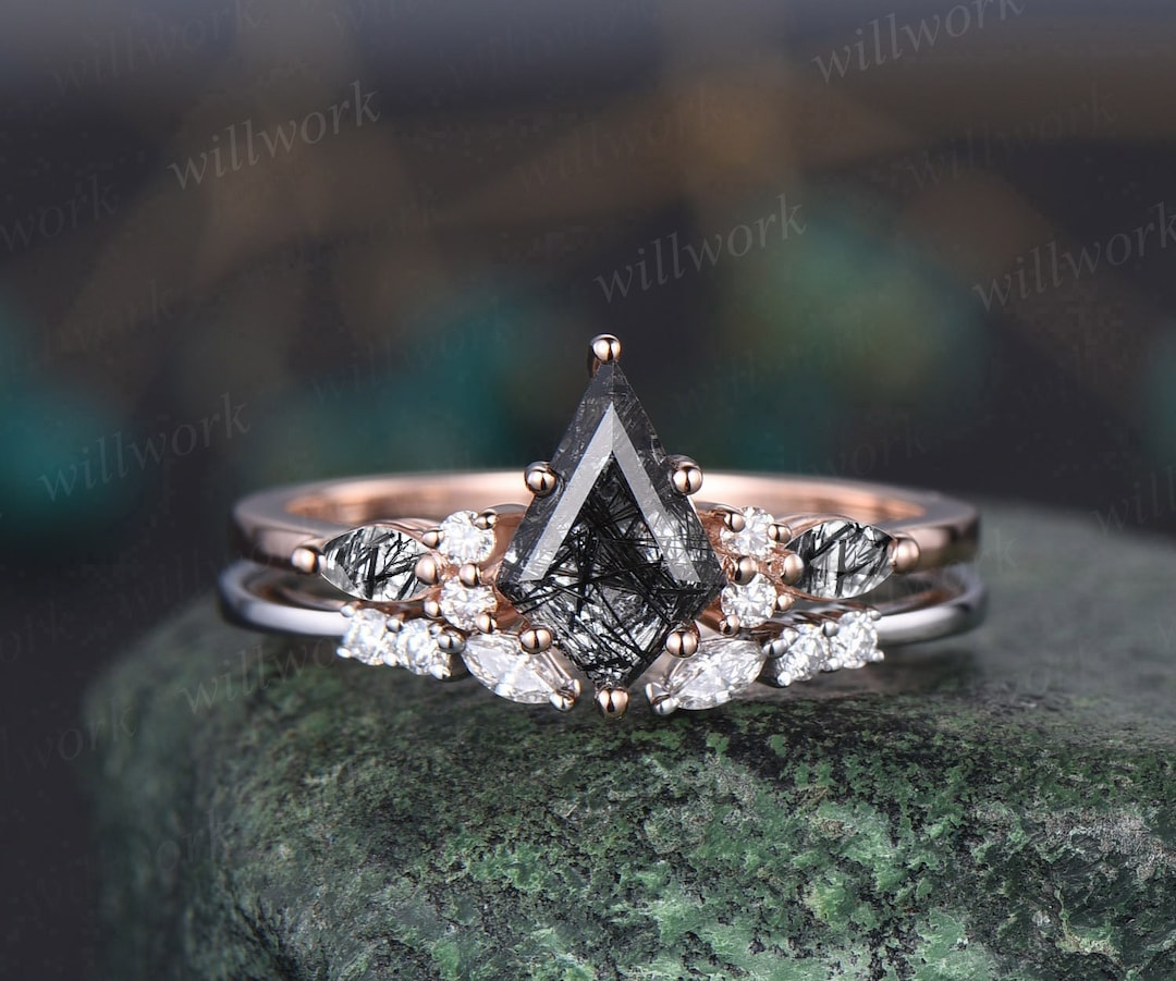 1.5ct Unique Kite Cut Moss Agate Engagement Ring Set Marquise Cut Moss Agate Ring Vintage Rose Gold 6 Prong Diamond Wedding Ring Set Women 2pc Ring