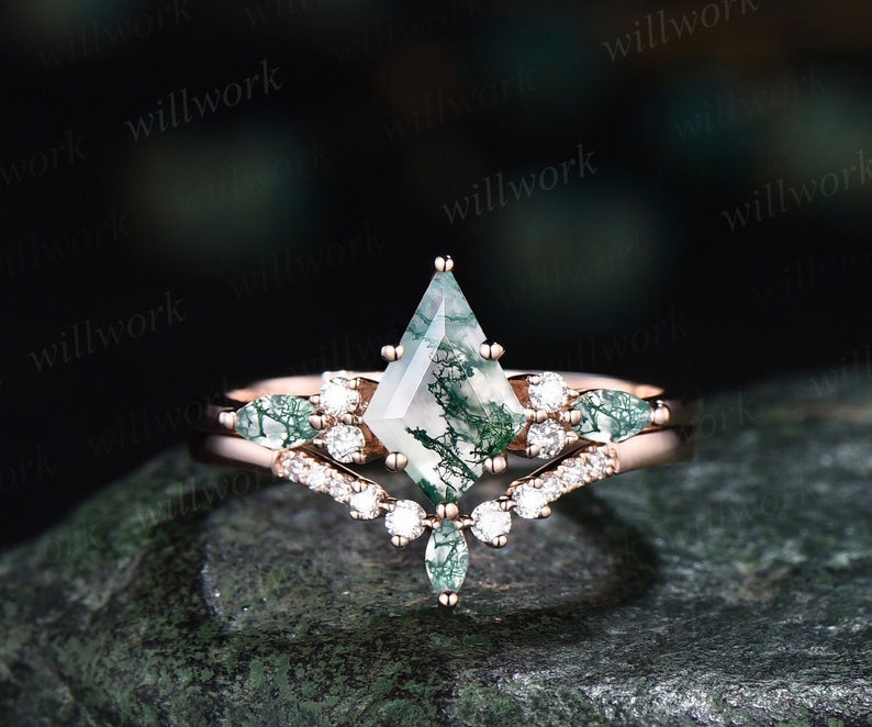 Kite cut green moss agate ring rose gold 6 prong art deco unique engagement ring women dainty diamond ring Personalized anniversary gift image 1