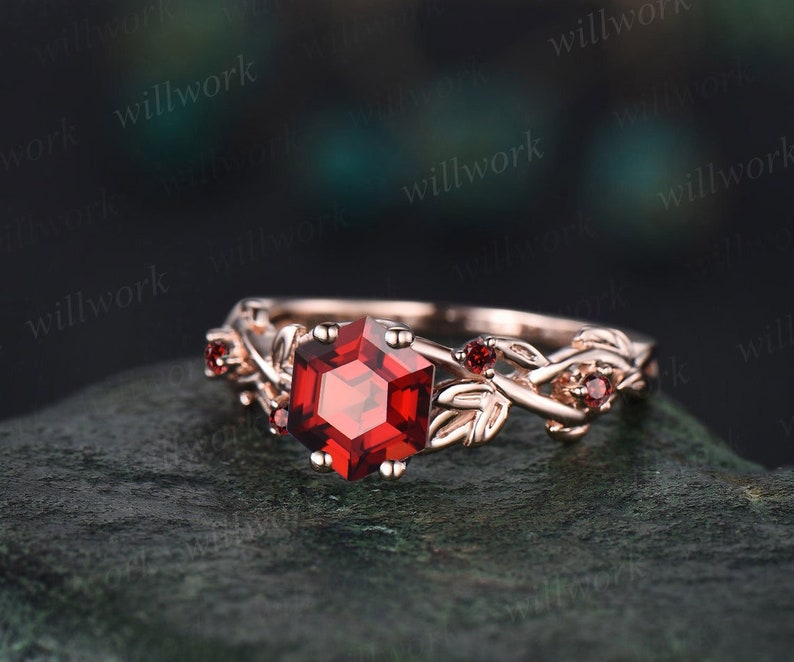 Twig red garnet ring vintage hexagon cut garnet engagement 1.5ct  7mm