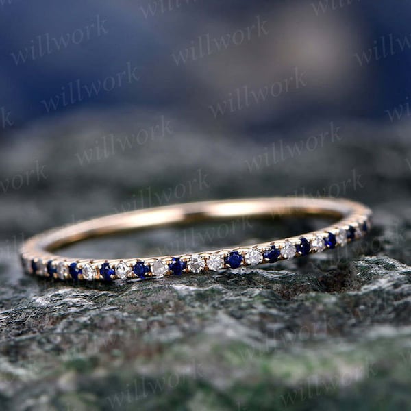 Natural blue sapphire wedding ring band solid 14k rose gold petite diamond ring full eternity tiny stones V Pave 1.2mm matching bridal band