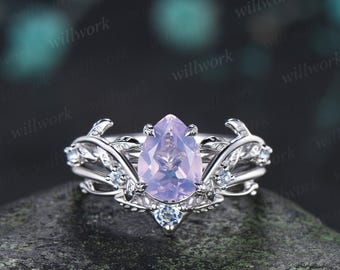 Teardrop pear cut Lavender Amethyst engagement ring 14k white gold cluster leaf nature inspired aquamarine  wedding ring set women gift
