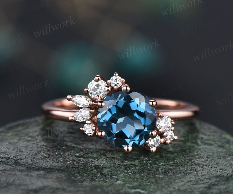 Round Cut London Blue Topaz Engagement Ring Rose Gold Unique - Etsy