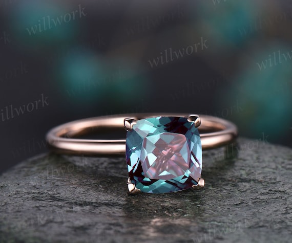 7mm cushion Alexandrite engagement ring vintage Alexandrite ring for women  rose gold stacking solitaire ring custom jewelry birthstone ring