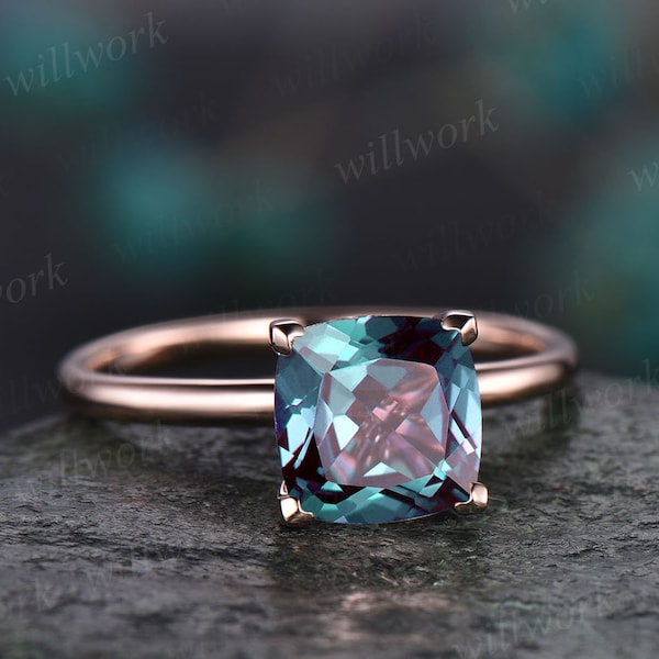 7mm cushion Alexandrite engagement ring vintage Alexandrite ring for women rose gold stacking solitaire ring custom jewelry birthstone ring