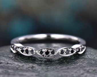 Alliance en diamant noir - Or blanc massif 14 carats - Bague superposée en diamants marquise - Bagues assorties demi-éternité - Bague en diamant noir
