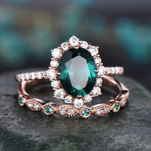 Vintage Emerald Engagement Ring Set Rose Gold Milgrain Wedding - Etsy