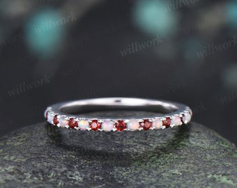 Half eternity opal garnet wedding band solid 14k white gold minimalist unique anniversary ring women gift 925 sterling silver