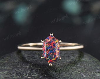 Long hexagon black opal engagement ring 14k yellow gold 6 prong minimalist solitaire promise wedding ring women gift silver