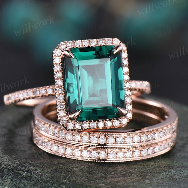 Emerald cut emerald ring set rose gold vintage unique emerald engagement ring set halo diamond ring set antique wedding ring set for women
