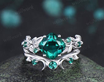 Cushion cut green emerald engagement ring vintage 14k white gold infinity moon bezel leaf star wedding bridal ring set jewelry silver