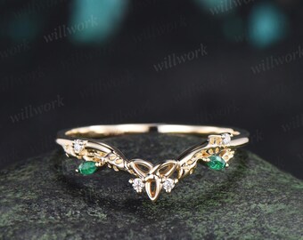 Celtic knot leaf diamond emerald wedding band solid 14k yellow gold stacking matching bridal anniversary ring gift Norse Viking Jewelry