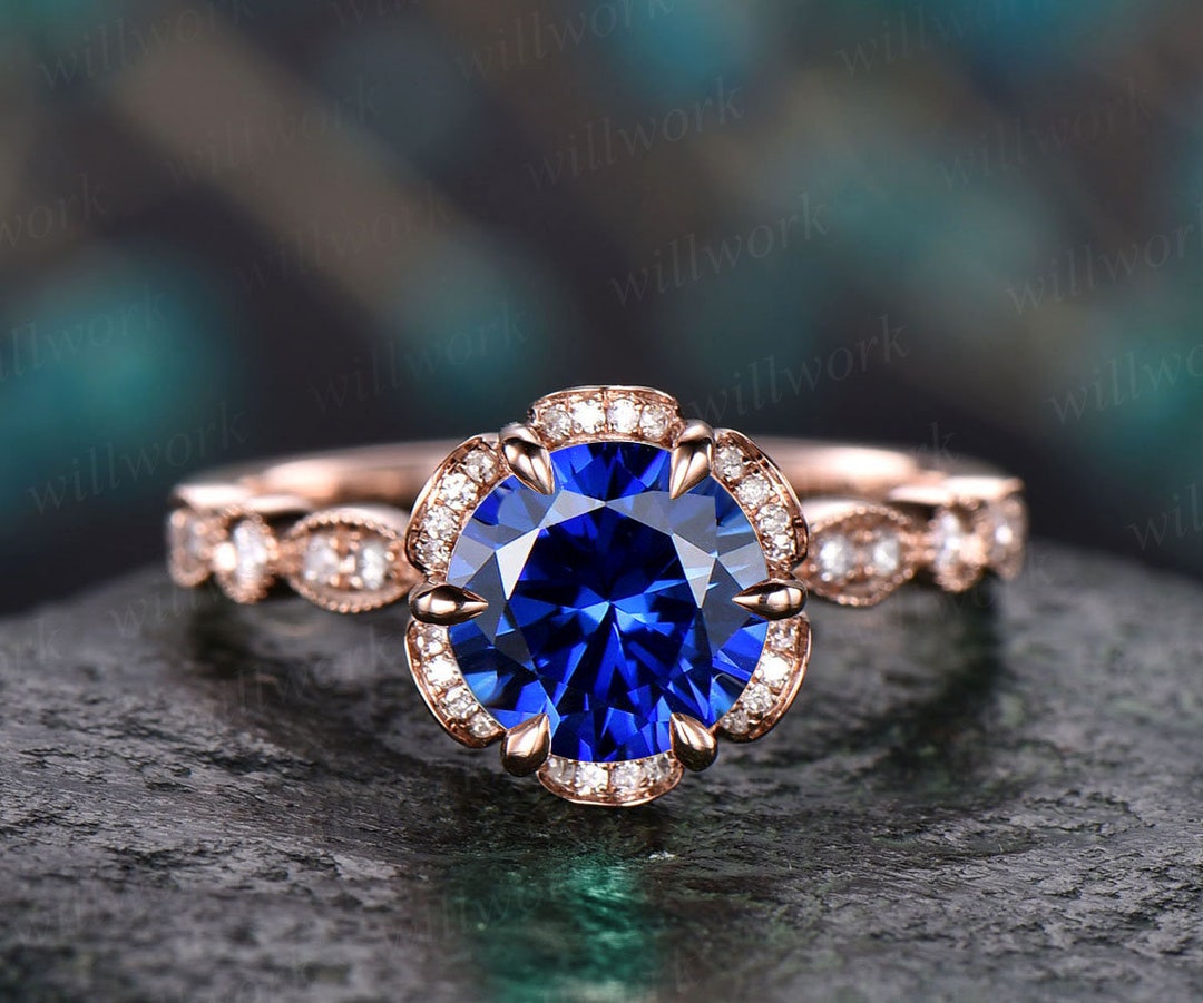 Blue Sapphire Ring Vintage Sapphire Engagement Ring 14k Rose - Etsy