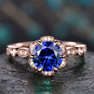 Blue sapphire ring vintage sapphire  engagement ring 14k rose gold for women diamond under halo ring marquise floral wedding ring jewelry