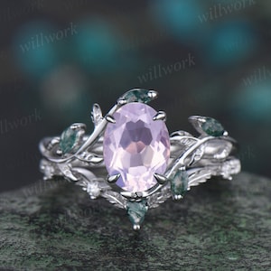 Vintage oval cut Lavender Amethyst engagement ring 14k white gold silver cluster leaf nature inspired moss agate promise ring set women