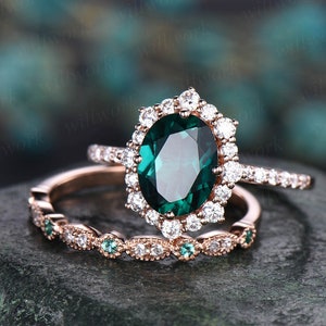 7x9mm Oval Green Emerald Engagement Ring Set Rose Gold - Etsy