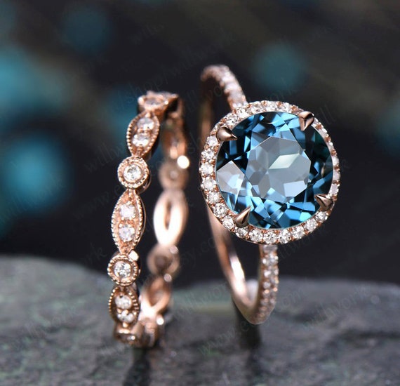 London blue topaz engagement ring set solid 14k rose gold diamond halo ring  art deco full eternity matching wedding ring band 2pcs jewelry