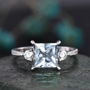 Princess cut aquamarine ring white gold unique vintage aquamarine engagement ring diamond moissanite March birthstone ring custom jewelry