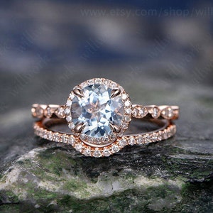 Vintage Blue Aquamarine Engagement Ring Set Solid 14k Rose Gold Handmade Art Deco Arched Diamond Rng Wedding Ring Set March Birthstone Ring image 2
