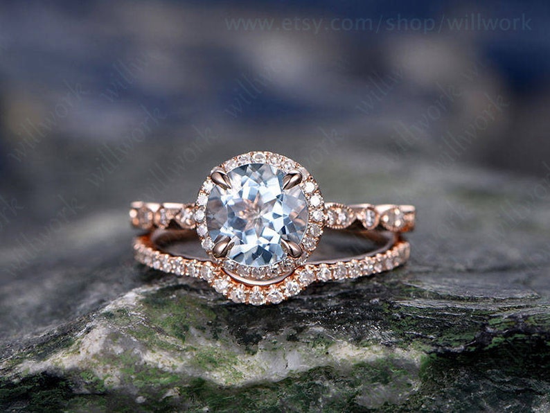 Vintage Blue Aquamarine Engagement Ring Set Solid 14k Rose Gold Handmade Art Deco Arched Diamond Rng Wedding Ring Set March Birthstone Ring image 2