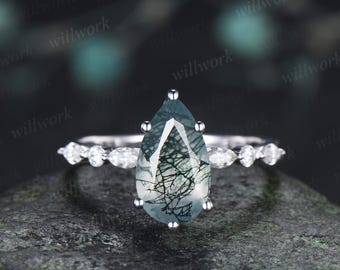 Long pear cut green moss agate engagement ring 14k white gold 6 prong marquise moissanite wedding ring women gift silver
