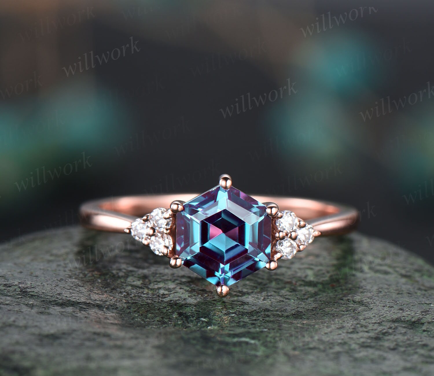 Unique Alexandrite Engagement Ring Set Hexagon Shaped Ring | Etsy
