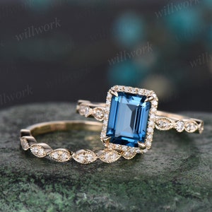 Emerald cut London blue topaz engagement ring 14k yellow gold half eternity marquise milgrain diamond promise wedding ring women jewelry