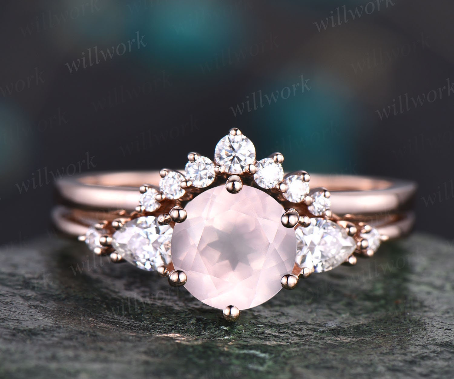 Rose Quartz Wedding Ring Set