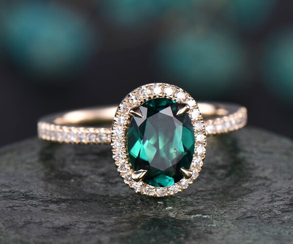 ONLY the emerald engagement ring 14k rose gold 1PC emerald ring vintage  real diamond ring unique halo may birthstone promise wedding ring