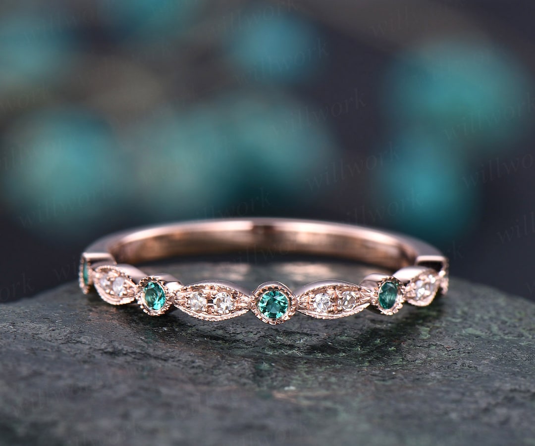 Natural Emerald Wedding Ring Band Half Eternity Diamond Wedding