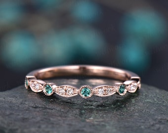 Natural emerald wedding ring band half eternity diamond wedding band 14k rose gold art deco marquise engagement May birthstone promise ring