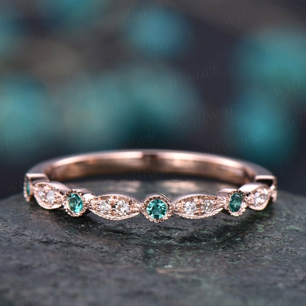 Natural emerald wedding ring band half eternity diamond wedding band 14k rose gold art deco marquise engagement May birthstone promise ring