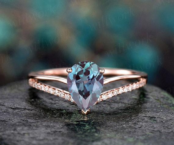 6X8mm Pear Alexandrite engagement ring rose gold diamond ring split shank  stacking band gift unique antique wedding promise anniversary ring