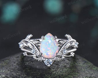 Teardrop pear opal engagement ring 14k white gold cluster leaf nature inspired aquamarine anniversary wedding ring set women gift