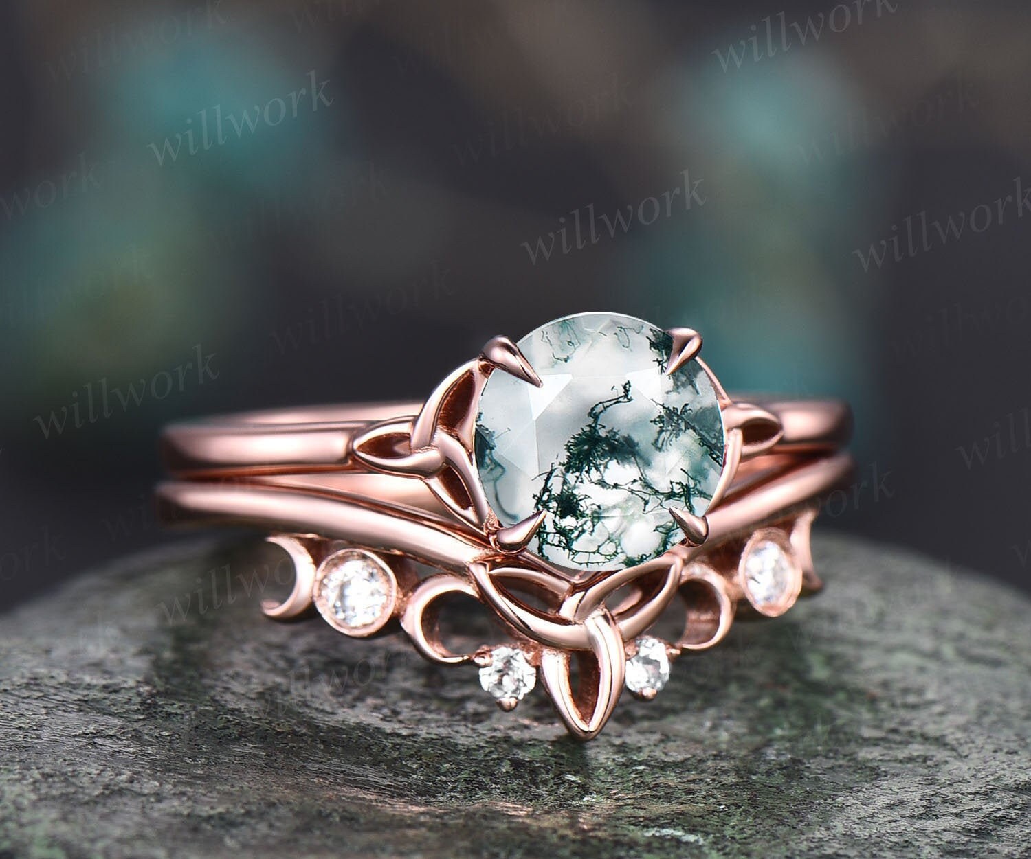 Princess cut moss agate ring gold vintage green moss agate engagement ring set rose gold art deco unique engagement ring moissanite ring set Jewellery Rings Wedding & Engagement Promise Rings 