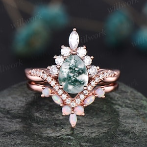 Art deco halo marquise unique vintage green moss agate engagement ring set rose gold opal ring women moissanite anniversary ring set gift image 1