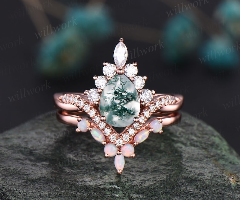 Art deco halo marquise unique vintage green moss agate engagement ring set rose gold opal ring women moissanite anniversary ring set gift image 1