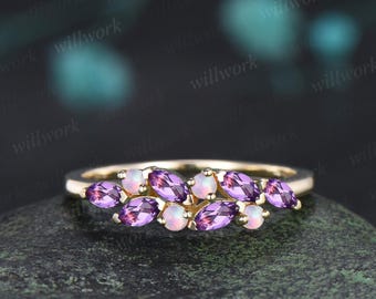 Marquise cut amethyst ring cluster opal wedding band V prong multi stone ring 14k yellow gold anniversary ring gift