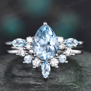 Pear shaped aquamarine engagement ring set solid 14k white gold marquise cut aquamarine ring for women moissanite ring bridal set jewelry