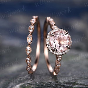 Morganit Verlobungsring Set massiv 14k Roségold handgefertigt Diamant Halo Ring 2 Stück Stapeln rund Marquise Hochzeit Versprechen Jahrestag Ring