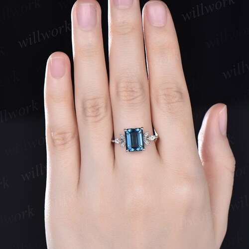 4ct Emerald cut London blue topaz engagement ring 14k white gold marquise cut diamond ring women shops unique anniversary wedding promise ring