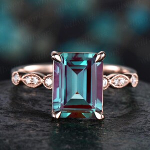 7x9mm emerald cut Alexandrite engagement ring diamond ring for women vintage unique art deco ring June birthstone ring Alexandrite jewelry