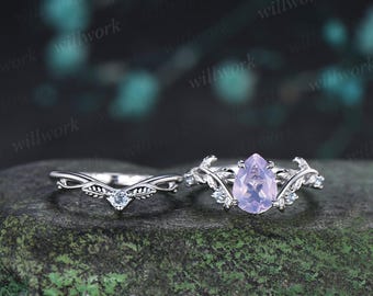Teardrop pear cut Lavender Amethyst engagement ring 14k white gold cluster leaf nature inspired aquamarine  wedding ring set women gift