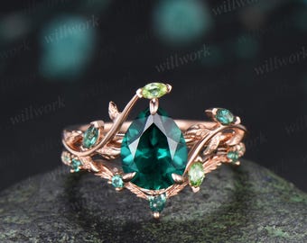 Teardrop pear cut green emerald engagement ring 14k rose gold cluster leaf nature inspired peridot bridal promise wedding ring set women