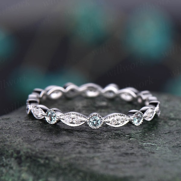 Bague alexandrite vintage en or blanc massif 14 carats, éternité totale, bague de mariage en alexandrite, alliance en diamant art déco, cadeau d'anniversaire