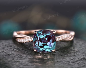 Almofada Alexandrite anel de noivado vintage Alexandrite anel de noivado anel de ouro rosa para mulheres anel de diamante infinito anel de pedra com mudança de cor
