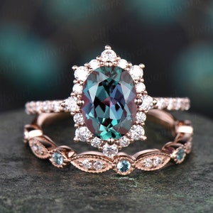 2pcs Vintage Unique Alexandrite Engagement Ring Set 14k Rose Gold Ring ...