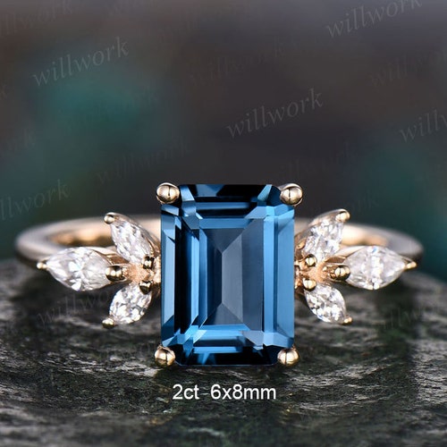 4ct Emerald cut London blue topaz engagement ring 14k white gold marquise cut diamond ring women shops unique anniversary wedding promise ring